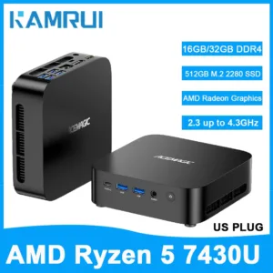 كمبيوتر ألعاب صغير KAMRUI مع معالج AMD Ryzen5 7430U وذاكرة 32 جيجابايت DDR4 وقرص صلب NVMe بسعة 512 جيجابايت وواي فاي 6 ثنائي القناة ودعم عرض ثلاثي بدقة 4K