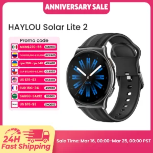 ساعة ذكية HAYLOU Solar Lite 2 بشاشة AMOLED مقاس 1.43 بوصة، مراقبة صحية على مدار 24 ساعة، أكثر من 150 وضعًا رياضيًا، مكالمات صوتية، مقاومة للماء 1ATM