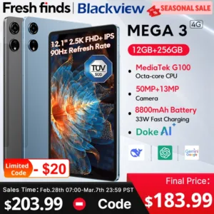 【العرض العالمي الأول】جهاز بلاك فيو ميجا 3 اللوحي 12.1 بوصة، شاشة 2.5K، معدل تحديث 90 هرتز، 12 جيجابايت، 256 جيجابايت، 8800 مللي أمبير، كاميرا 50 ميجابكسل، شحن سريع 33 واط، نظام تشغيل أندرويد 15