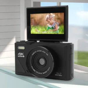 كاميرا رقمية عالية الدقة 5K بدقة 75 ميجابكسل مع خاصية مقاومة الاهتزاز وكشف الابتسامة وتثبيت الصورة وتكبير رقمي 18X، كاميرا بدون مرآة للتصوير الفوتوغرافي