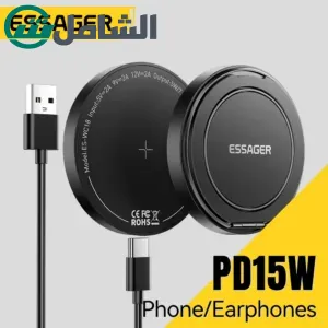 Essager شاحن لاسلكي مغناطيسي 15 وات حامل لوحة شحن سريع لهاتف iPhone 15 14 Airpods USB إلى Typec محطة قاعدة شحن الهاتف