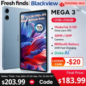 تابلت Blackview MEGA 3 مقاس 12.1 بوصة 2.5K 90 هرتز، شاشة 12 جيجابايت 256 جيجابايت 8800 مللي أمبير في الساعة 50 ميجابكسل، كاميرا 33 وات شحن سريع Widevine L1 Android 15 Pad PC