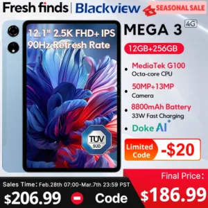 【العرض الأول في العالم】كمبيوتر لوحي Blackview MEGA 3 بشاشة 12.1 بوصة 2.5K 90 هرتز Android 15 12GB 256GB 8800mAh 33W شحن سريع 50MP لوحة كاميرا
