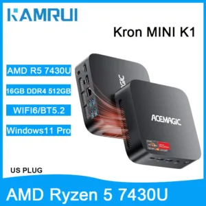 كمبيوتر ألعاب صغير KAMRUI مع معالج AMD Ryzen 5 7430U وذاكرة 16 جيجابايت DDR4 وقرص صلب SSD بسعة 512 جيجابايت وWifi6 وBT5.2 ودعم عرض ثلاثي بدقة 4K، كمبيوتر صغير للألعاب مع قابس أمريكي