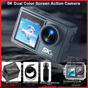 كاميرا الحركة 5K 4K60FPS المزدوجة IPS Touch LCD DVR EIS 170 ° كاميرا رياضية تكبير 5X مقاومة للماء بطول 30 مترًا مع ميكروفون لاسلكي وجهاز تحكم عن بعد